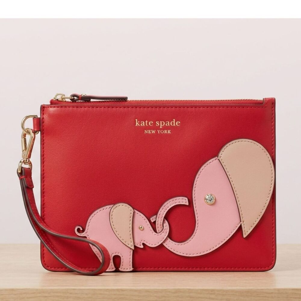 Kate Spade New York Appliqué Tiny Elephant Small Pouch Wristlet in Red EUC